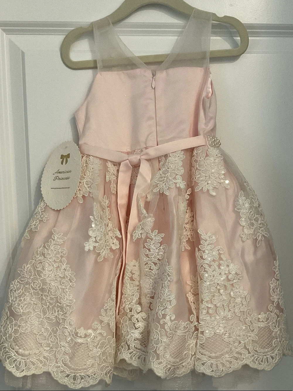 American Princess Soft Pink Lace & Pearl Waistband Formal Dress